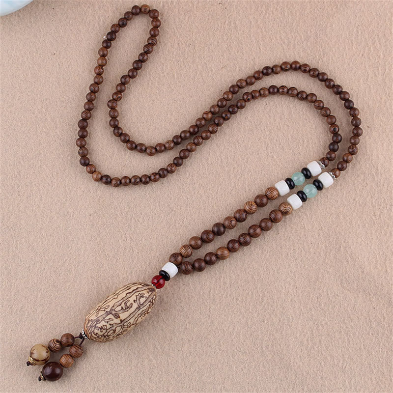 Colgante de collar de protección de elefante de ágata de semilla Bodhi de madera de wengué tibetano con Buddha Stones