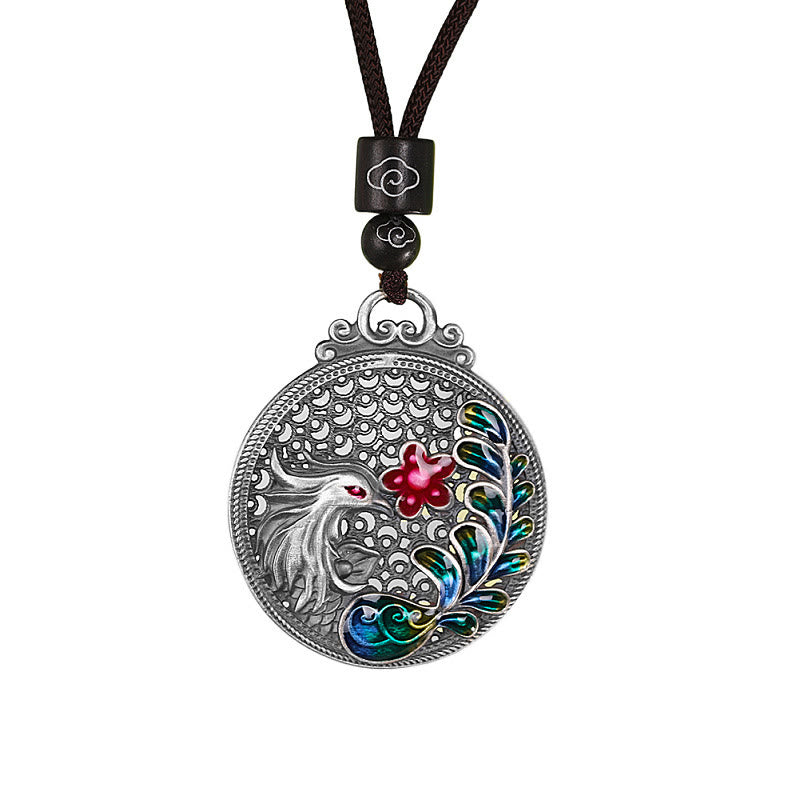 Collar con colgante de plata de ley 990 con Buddha Stones , diseño de fénix y protección de la suerte