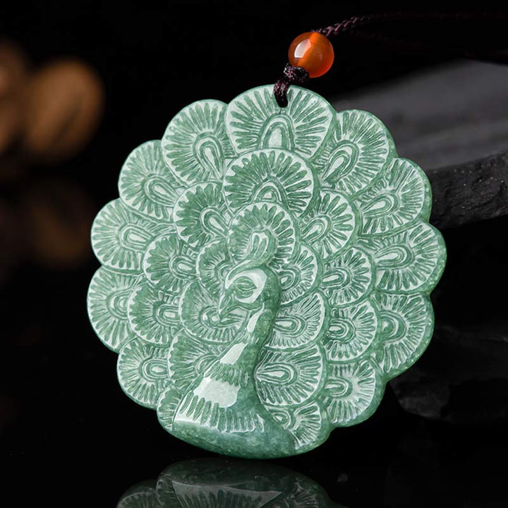 Colgante de collar de prosperidad de suerte de pavo real de jade natural