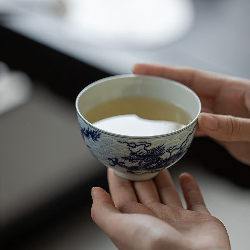 Tazas de té de cerámica con diseño de dragón azul y Buddha Stones, tazas de té de Kung Fu