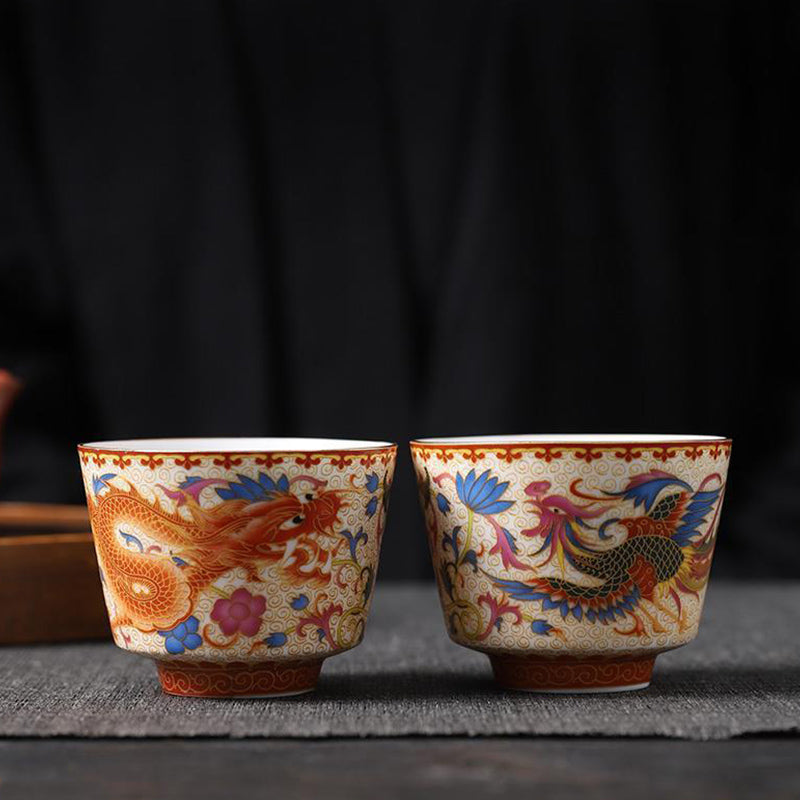 Tazas de té de cerámica de Kung Fu con Buddha Stones , 2 uds., Dragón Fénix