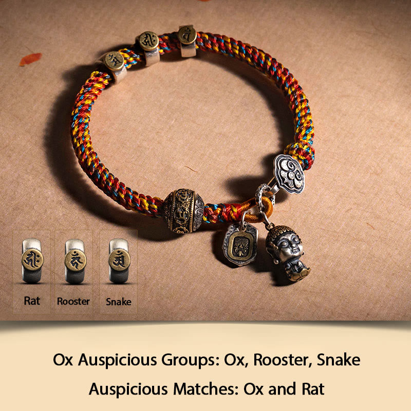 Buddha Stones hechas a mano tibetana de plata de ley 925, zodíaco chino, Buda natal Zakiram, diosa de la protección de la riqueza, pulsera trenzada de cuerda multicolor