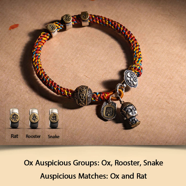 Buddha Stones hechas a mano tibetana de plata de ley 925, zodíaco chino, Buda natal Zakiram, diosa de la protección de la riqueza, pulsera trenzada de cuerda multicolor