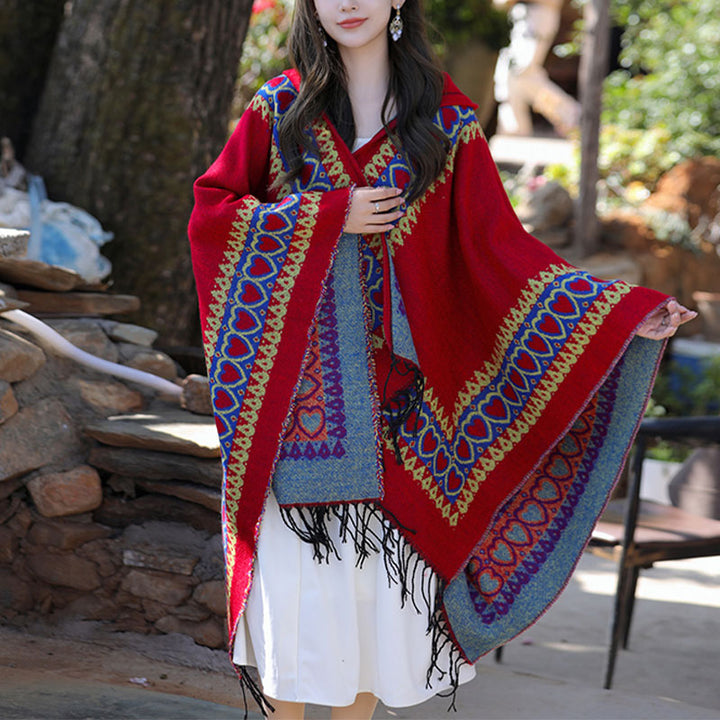 Mantón tibetano de Buddha Stones , capa con capucha y borla de corazón de amor rojo, bufanda de viaje acogedora para invierno
