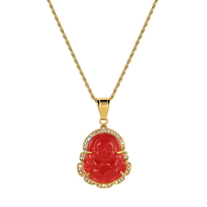 Colgante de cadena con collar de la suerte de jade de Buda sonriente relleno de oro de 18 quilates con Buddha Stones - image 11