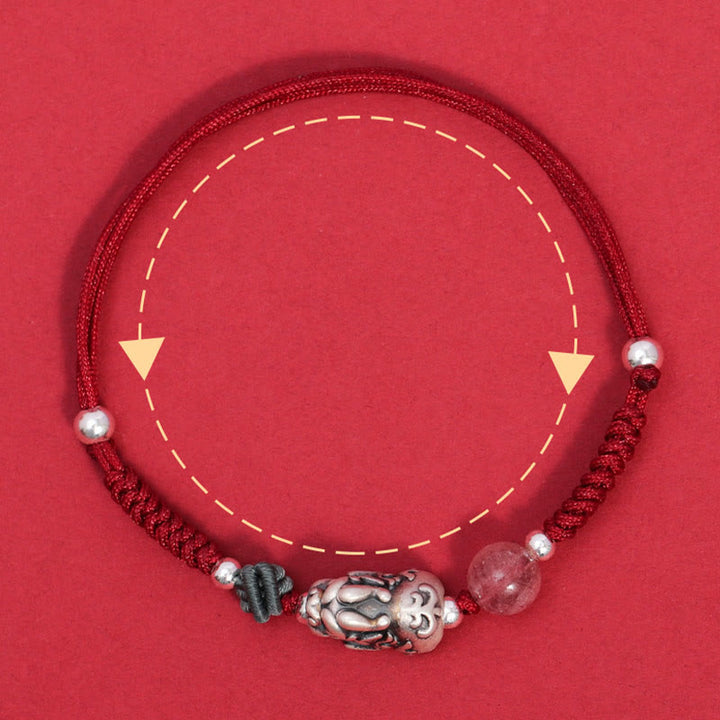 Pulsera trenzada de plata de ley 999 con Buddha Stones PiXiu, cuentas de cuarzo fresa, riqueza y suerte