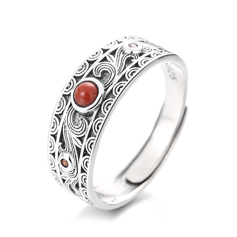 Anillo de pensamiento lógico con nubes propicias de ágata roja incrustada en plata de ley 925 con Buddha Stones