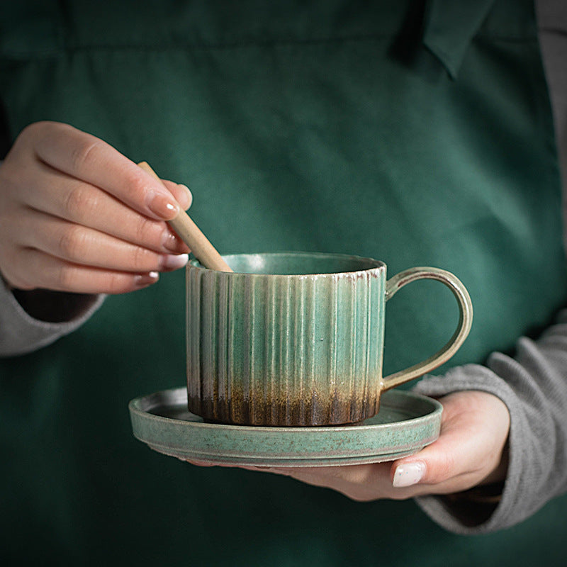 Taza de café de cerámica con cambio de horno a rayas Retro de Buddha Stones, taza de café y té de cerámica rugosa con platillo de 250ml
