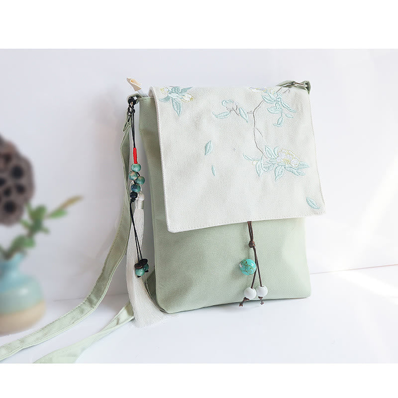 Bolso bandolera de lona con flores de ciruelo bordadas hechas a mano con Buddha Stones