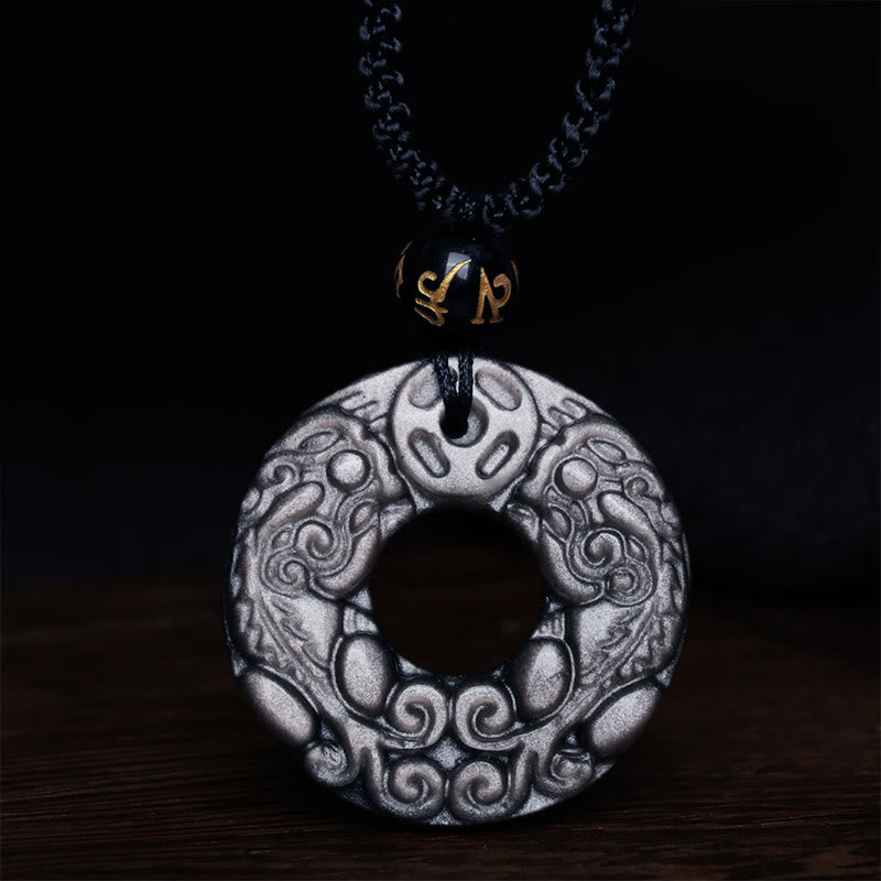 Colgante de collar de protección con hebilla de la paz, moneda de cobre PiXiu doble, obsidiana brillante de plata Natural , Buddha Stones - image 6