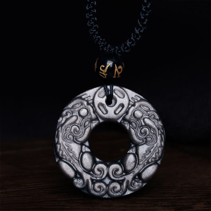 Colgante de collar de protección con hebilla de la paz, moneda de cobre PiXiu doble, obsidiana brillante de plata Natural , Buddha Stones - image 6