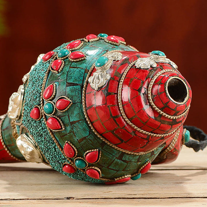 Tibetano hecho a mano Shankha Om Mani Padme Hum Buda Avalokitesvara turquesa Concha decoración positiva - image 4