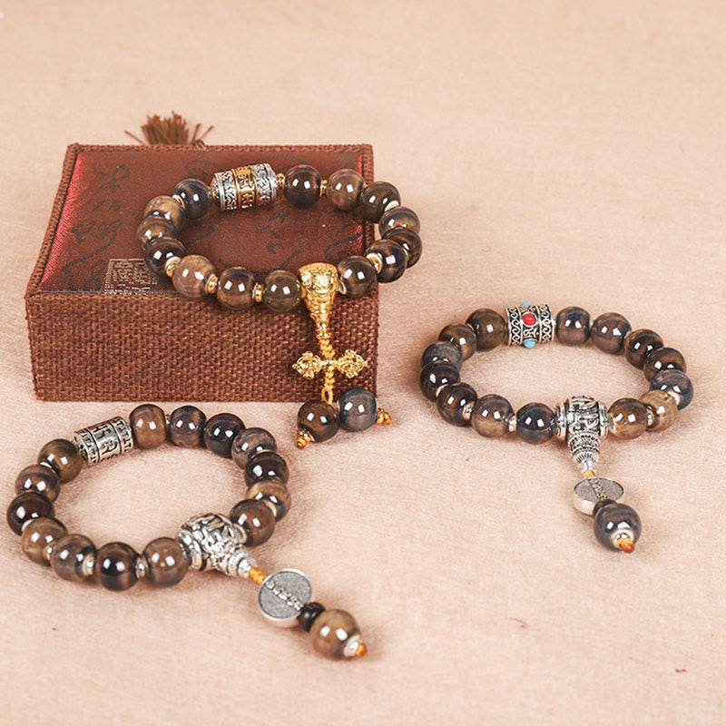 Buddha Stones Tíbet Om Mani Padme Hum Rueda de oración Dorje Vajra Pulsera de sabiduría con cuentas de vidrio grabadas
