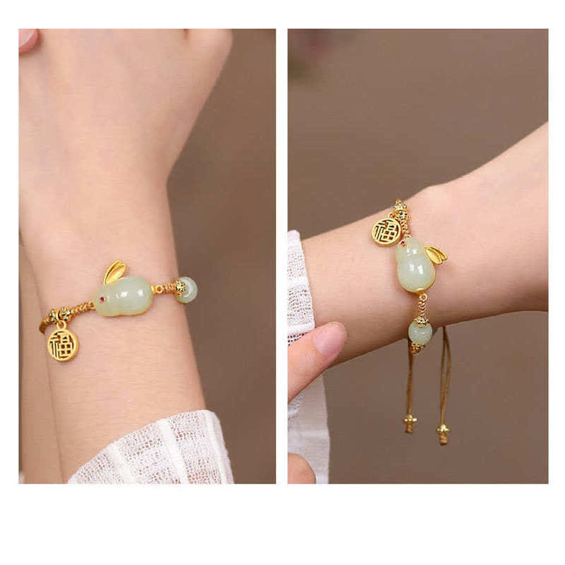 Buddha Stones Año del Conejo Hetian Jade Felicidad Bendición Riqueza Pulsera de Hilo