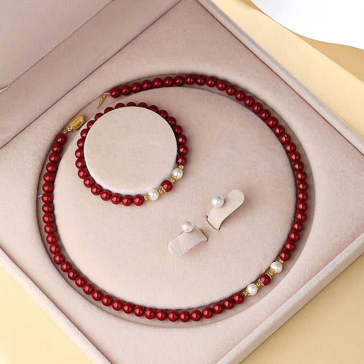 Juego de joyas de plata de ley 925 con Buddha Stones, perlas de cinabrio naturales, colgante, pulsera, pendientes