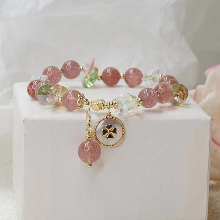 Pulsera con dijes curativos de trébol de cuatro hojas de la suerte, cuarzo fresa, Buddha Stones