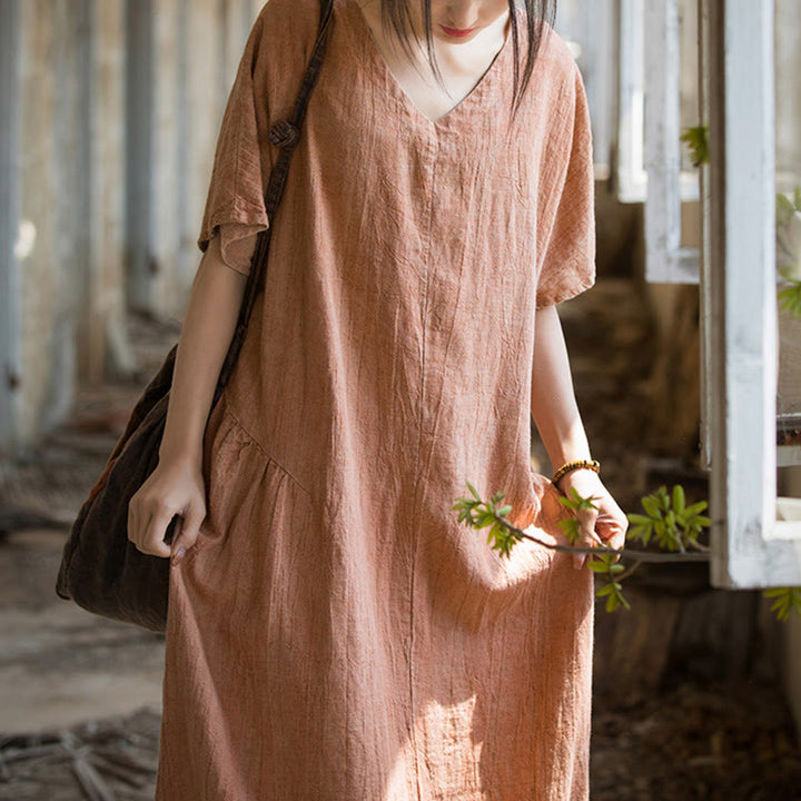 Vestido midi con cuello en V y teñido anudado hecho a mano con Buddha Stones Vestido de manga corta de lino