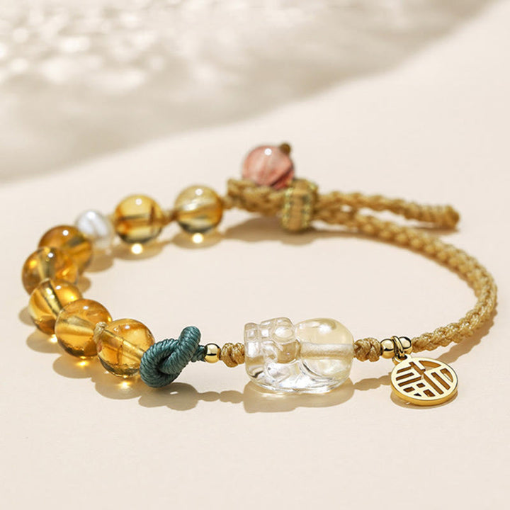Pulsera trenzada de cuerda de prosperidad con carácter de citrino PiXiu Fu de Buddha Stones