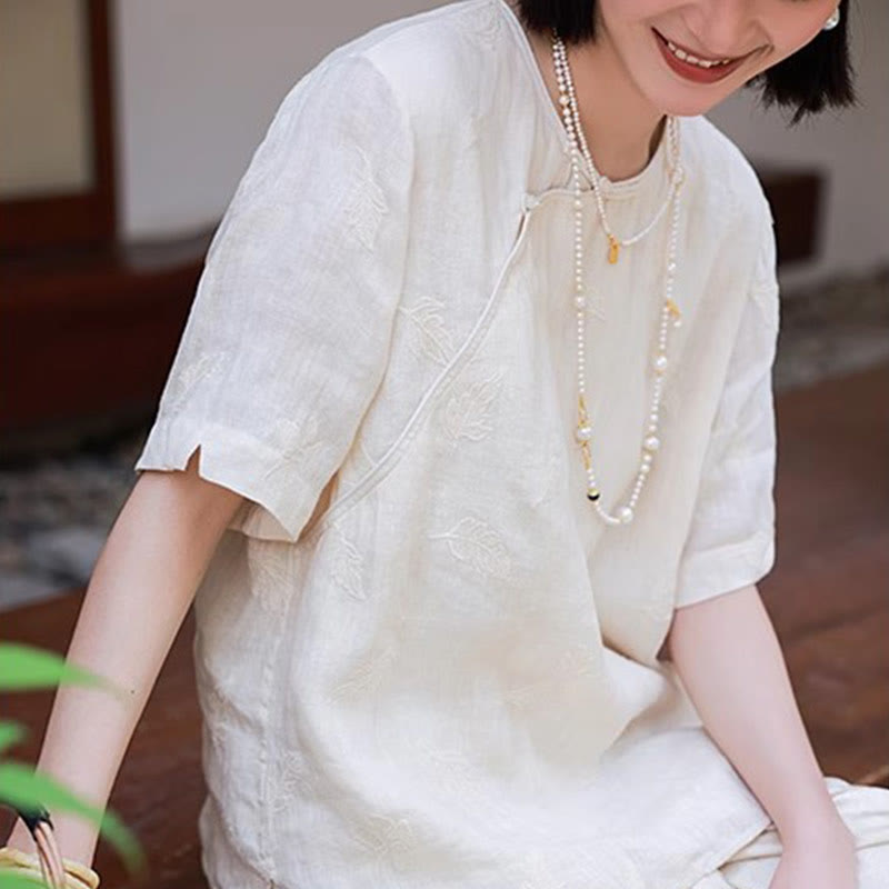 Blusa suelta de lino de ramio con Buddha Stones , camisa de manga corta, Top de estilo chino