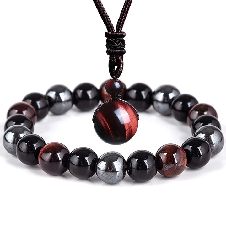 Juego de collar y pulsera de ojo de tigre tibetano con Buddha Stones