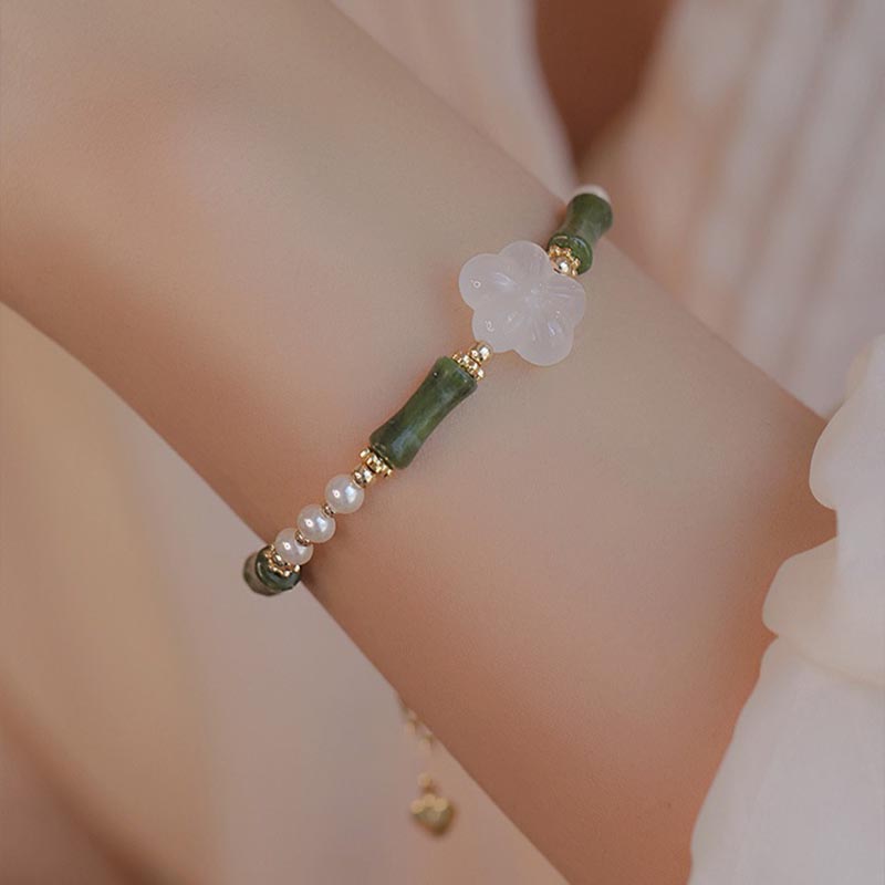 Pulsera de la paz con perlas y ágata, flor de bambú, peridoto y Buddha Stones