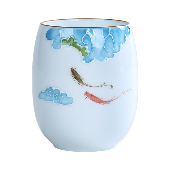 Taza de té de cerámica con Buddha Stones, pez Koi, paisaje de loto, diente de león, flor de peonía, taza de té de Kung Fu