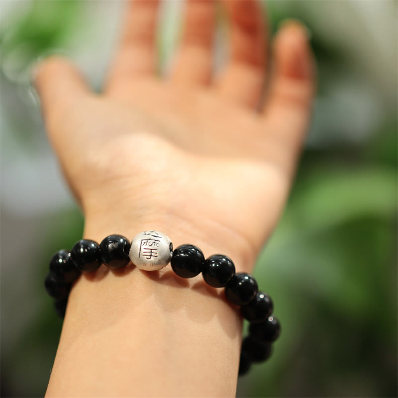 Pulsera de protección con grabado de personaje de cuentas de ónix negro de plata de ley 925 con Buddha Stones