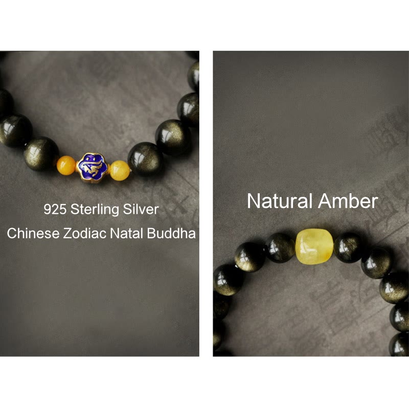 Pulsera de protección de la riqueza, Plata de Ley 925 con Buddha Stones , zodíaco chino, Buda natal, brillo de oro Natural, obsidiana, ámbar