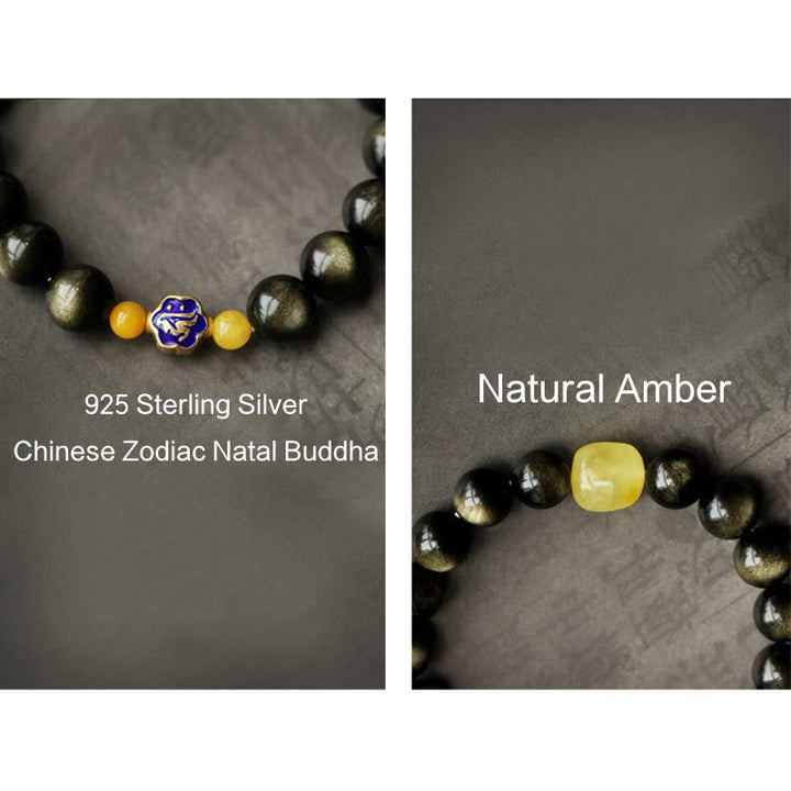 Pulsera de protección de la riqueza, Plata de Ley 925 con Buddha Stones , zodíaco chino, Buda natal, brillo de oro Natural, obsidiana, ámbar