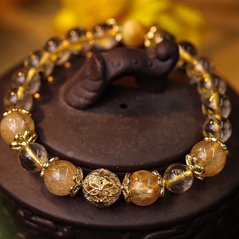 Pulsera de protección de prosperidad de cuarzo rutilado con amatista citrino natural de Buddha Stones