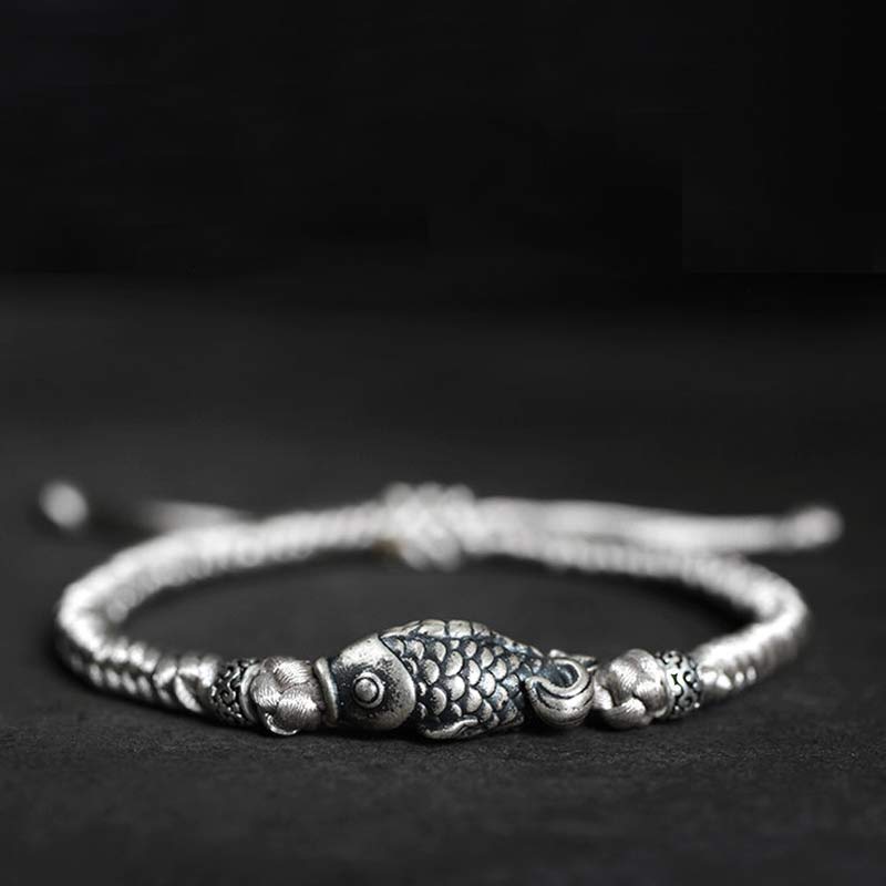 Pulsera de hilo trenzado con pez Koi de la suerte de plata con Buddha Stones