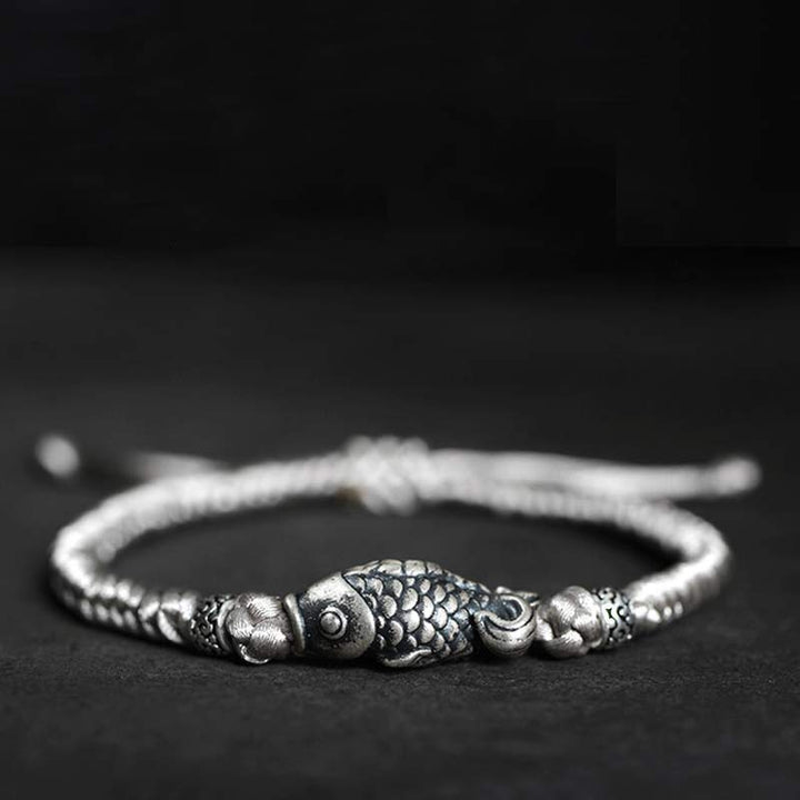 Pulsera de hilo trenzado con pez Koi de la suerte de plata con Buddha Stones