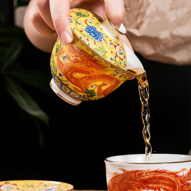 Taza de té de cerámica con diseño de flor de Fénix y dragón, Buddha Stones , Gaiwan Sancai, taza de té de Kung Fu y platillo con tapa