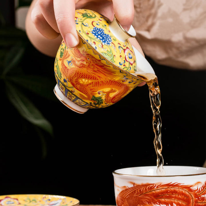 Taza de té de cerámica con diseño de flor de Fénix y dragón, Buddha Stones , Gaiwan Sancai, taza de té de Kung Fu y platillo con tapa