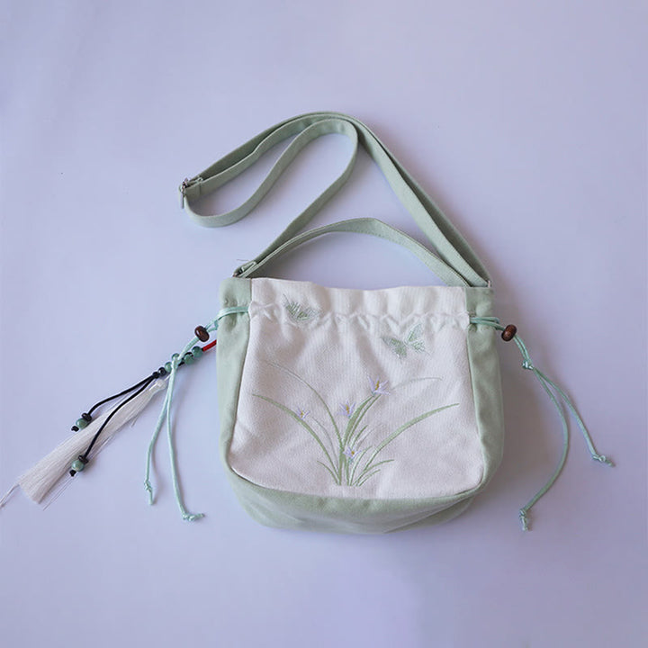 Bolso de hombro de lona con flores bordadas hechas a mano con Buddha Stones