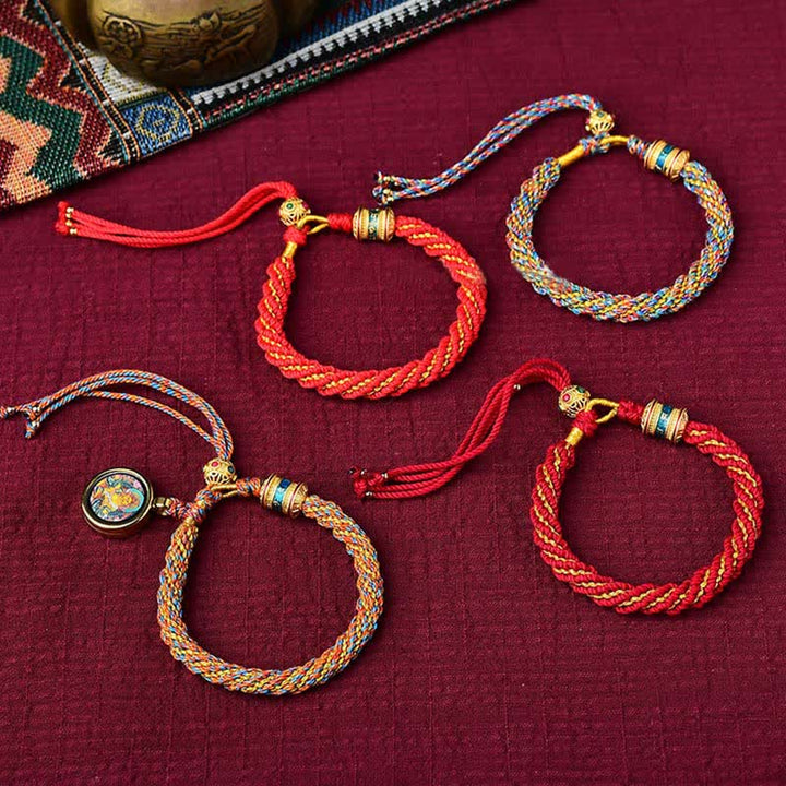 Pulsera de cuerda tejida con dije de rueda de oración Thangka de la suerte hecha a mano tibetana con Buddha Stones