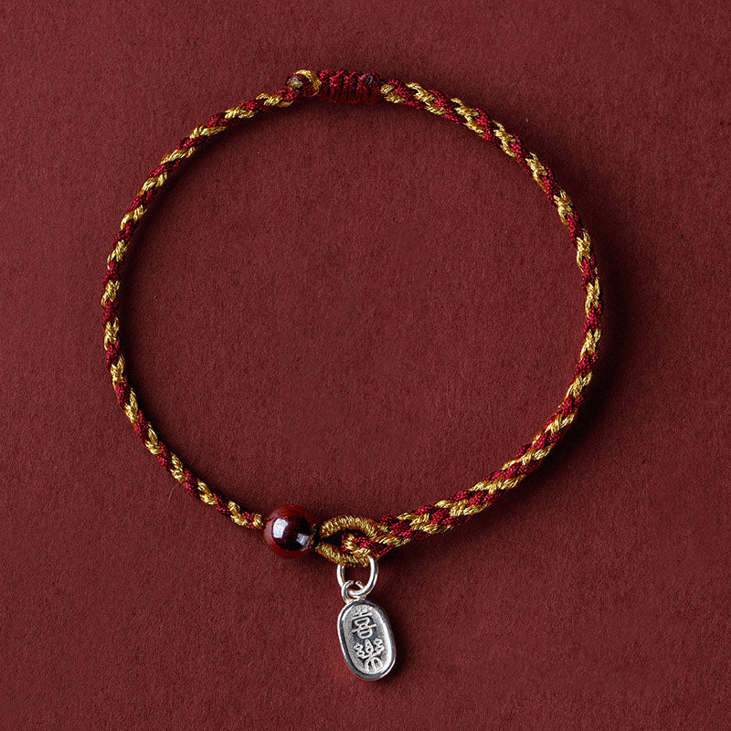 Pulsera trenzada con dije de paz y alegría de loto de cuerda de oro rojo hecha a mano con Buddha Stones