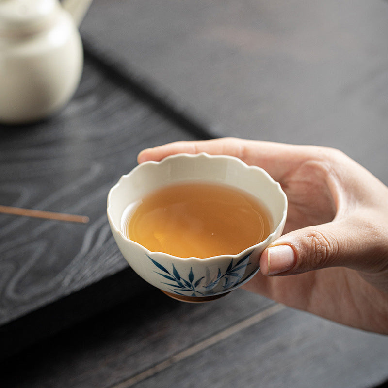 Taza de té de cerámica con hojas de bambú azules pequeñas, Buddha Stones, tazón de té de Kung Fu