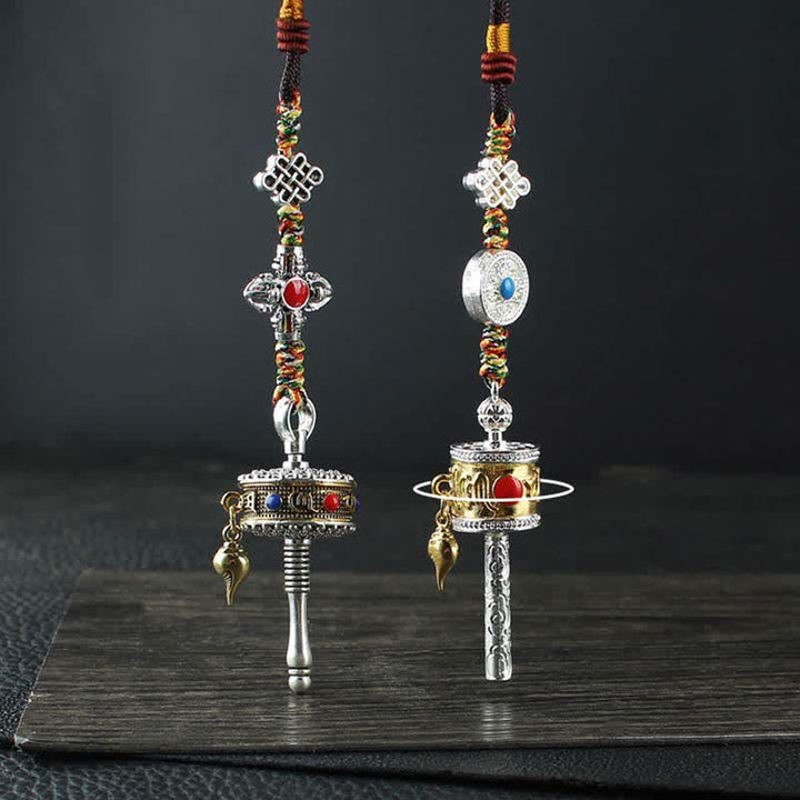 Rueda de oración Tíbet Om Mani Padme Hum, bolsa giratoria de paz, decoración colgante para coche