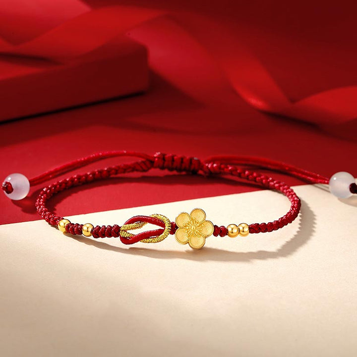 Pulsera de la suerte de calcedonia Sakura con flores de cerezo de plata de ley 925 hecha a mano con Buddha Stones