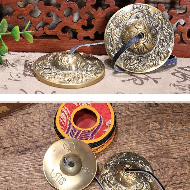 Buddha Stones tibetano Tingsha campana seis palabras verdaderas dragón cobre equilibrio decoración con bolsa