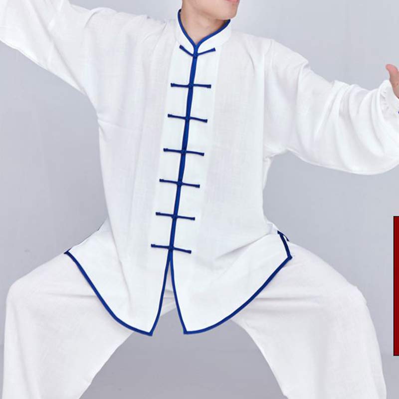 Conjunto de ropa unisex con bordado de Buddha Stones para meditación, oración zen, práctica espiritual de tai chi y qigong - Manga larga blanca con borde azul - US14, UK/AU18, EU46 (3XL) - image 10