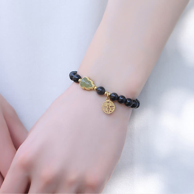 Pulsera de fuerza de doble felicidad con calabaza de jade hetiano de obsidiana negra natural