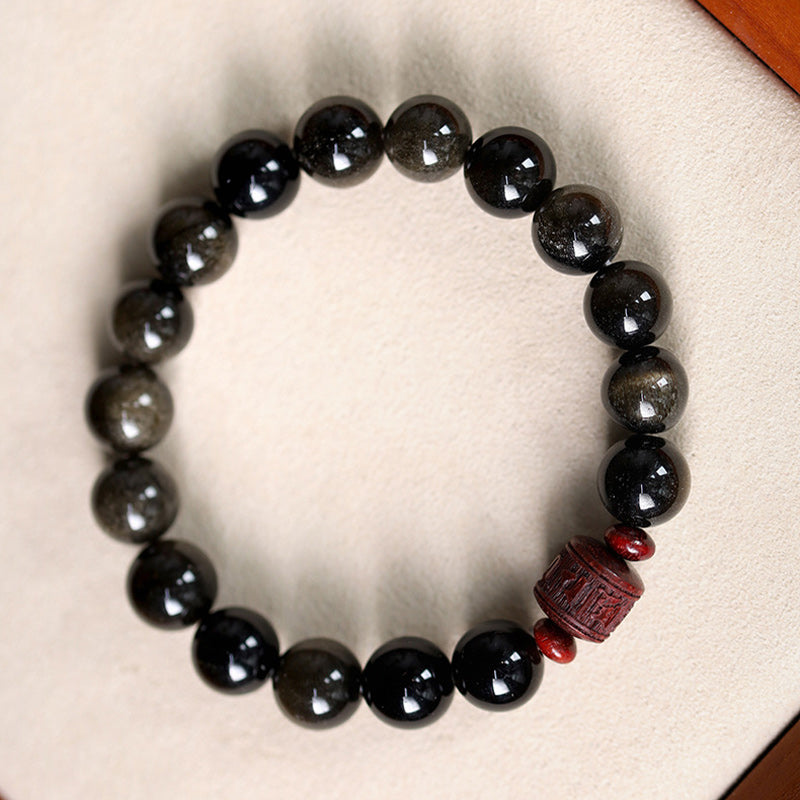 Pulsera curativa con carácter de obsidiana arcoíris de obsidiana con brillo de oro natural con Buddha Stones Om Mani Padme Hum Fu