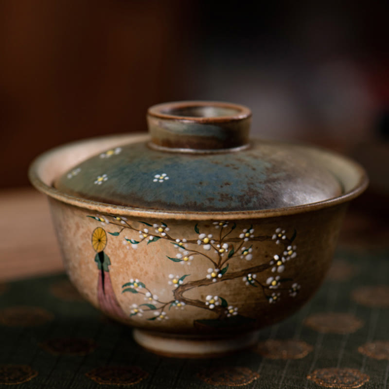 Buddha Stones Jingdezhen Pintado A Mano Ru Horno Porcelana Hanfu Niña Flor Cerámica Gaiwan Sancai Taza De Té Kung Fu Taza De Té Y Platillo Con Tapa