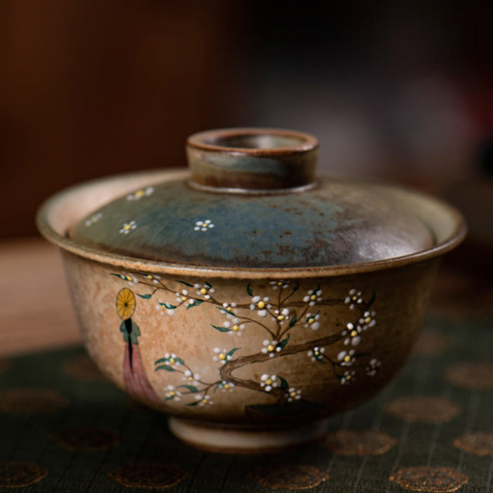 Buddha Stones Jingdezhen Pintado A Mano Ru Horno Porcelana Hanfu Niña Flor Cerámica Gaiwan Sancai Taza De Té Kung Fu Taza De Té Y Platillo Con Tapa