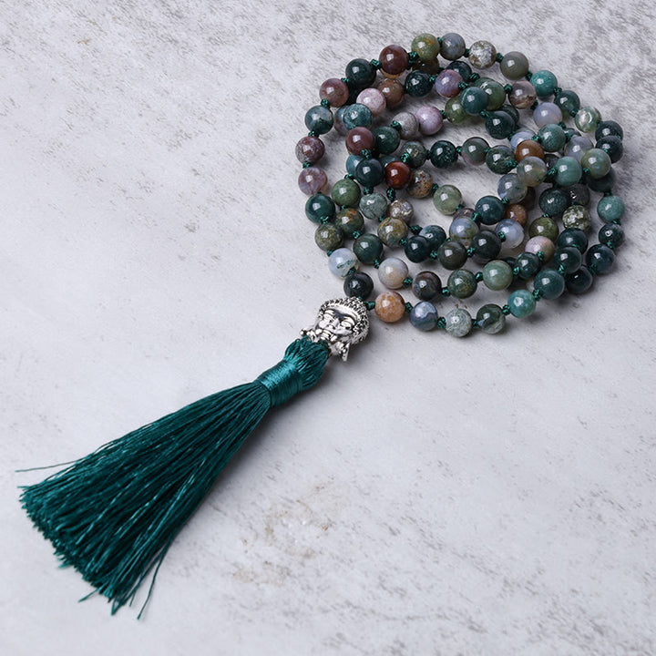 Pulsera de limpieza de cabeza de Buda de ágata india con 108 Buddha Stones