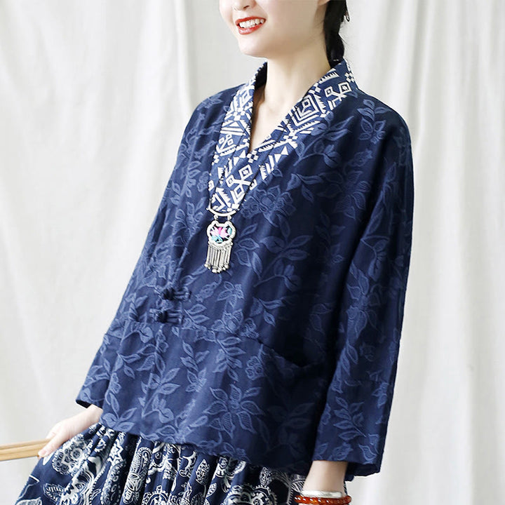 Chaqueta de manga larga con cuello en V y jacquard floral con Buddha Stones