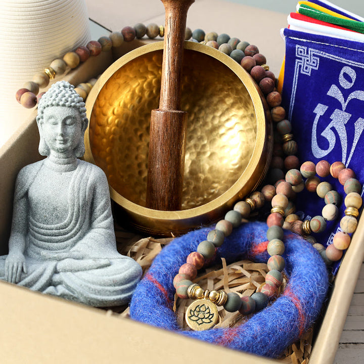 Paquete de regalo curativo de meditación tibetana con Buddha Stones