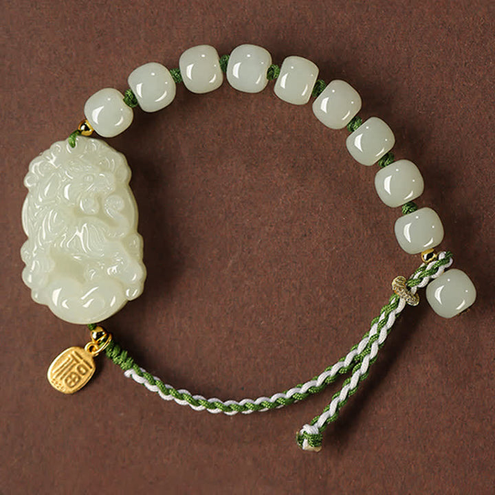 Pulsera de plata de ley 925 con zodíaco chino, jade hetiano, felicidad, suerte